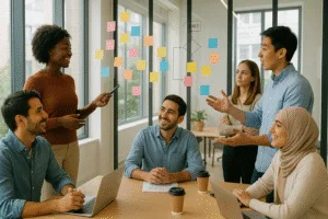 Diverse team demonstrating emotional intelligence through positive workplace collaboration.