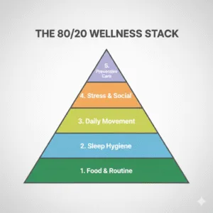 The 80/20 Wellness Stack" with 5 layers, from bottom to top: 1. Food & Routine, 2. Sleep Hygiene, 3. Daily Movement, 4. Stress & Social, 5. Preventive Care